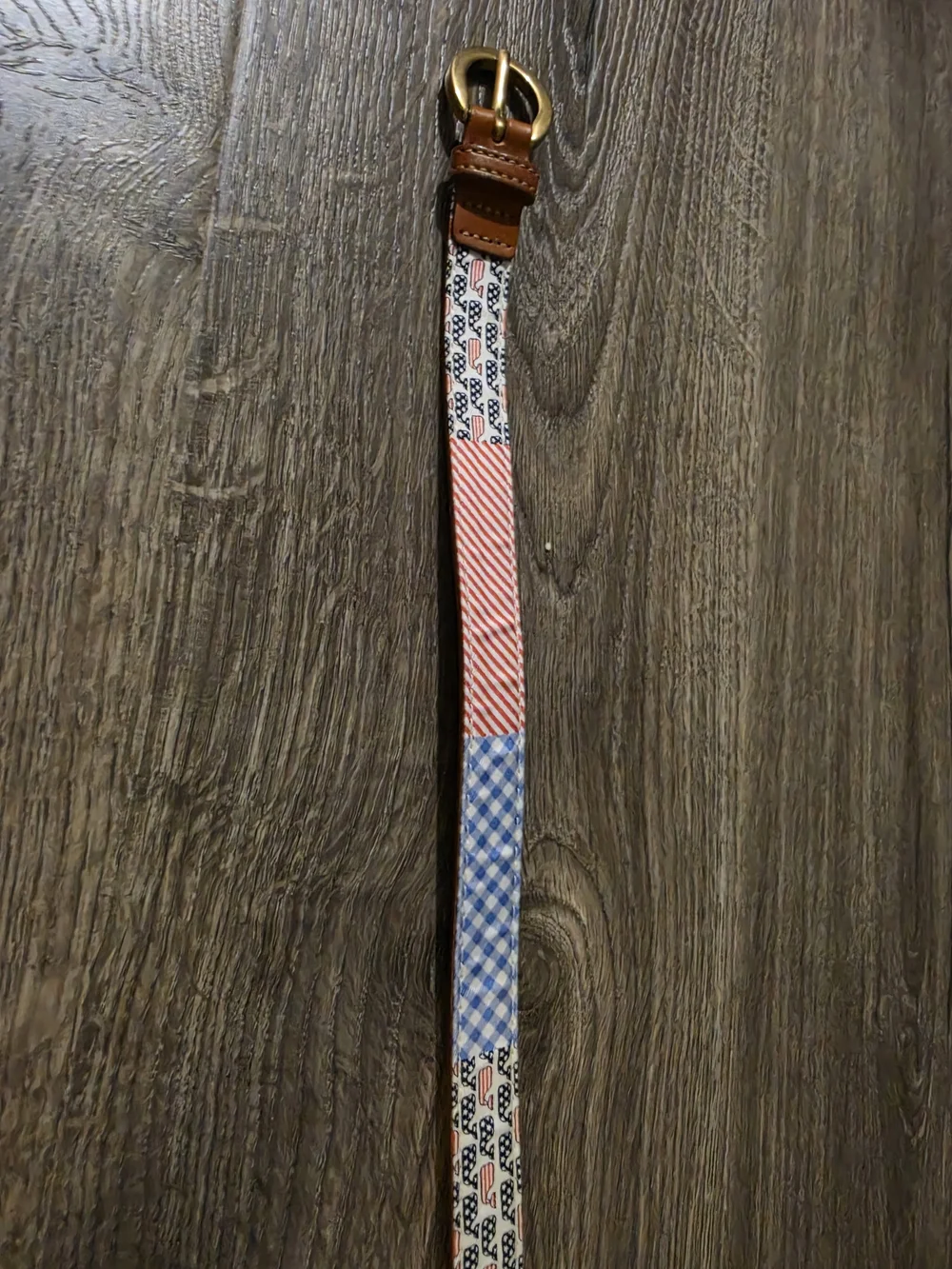 Vineyard Vines Red, Blue, White Patterned Fabric Belt with Brown Leather Trim